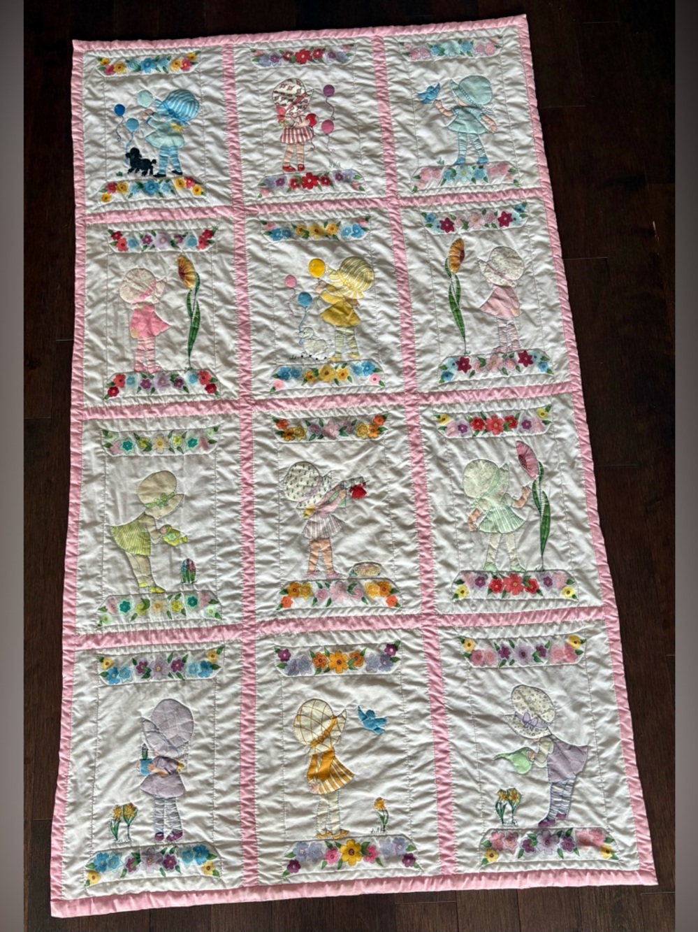 Hand Made Pink and White Patchwork Quilt  42x72 embroidered Young Girl Flowers